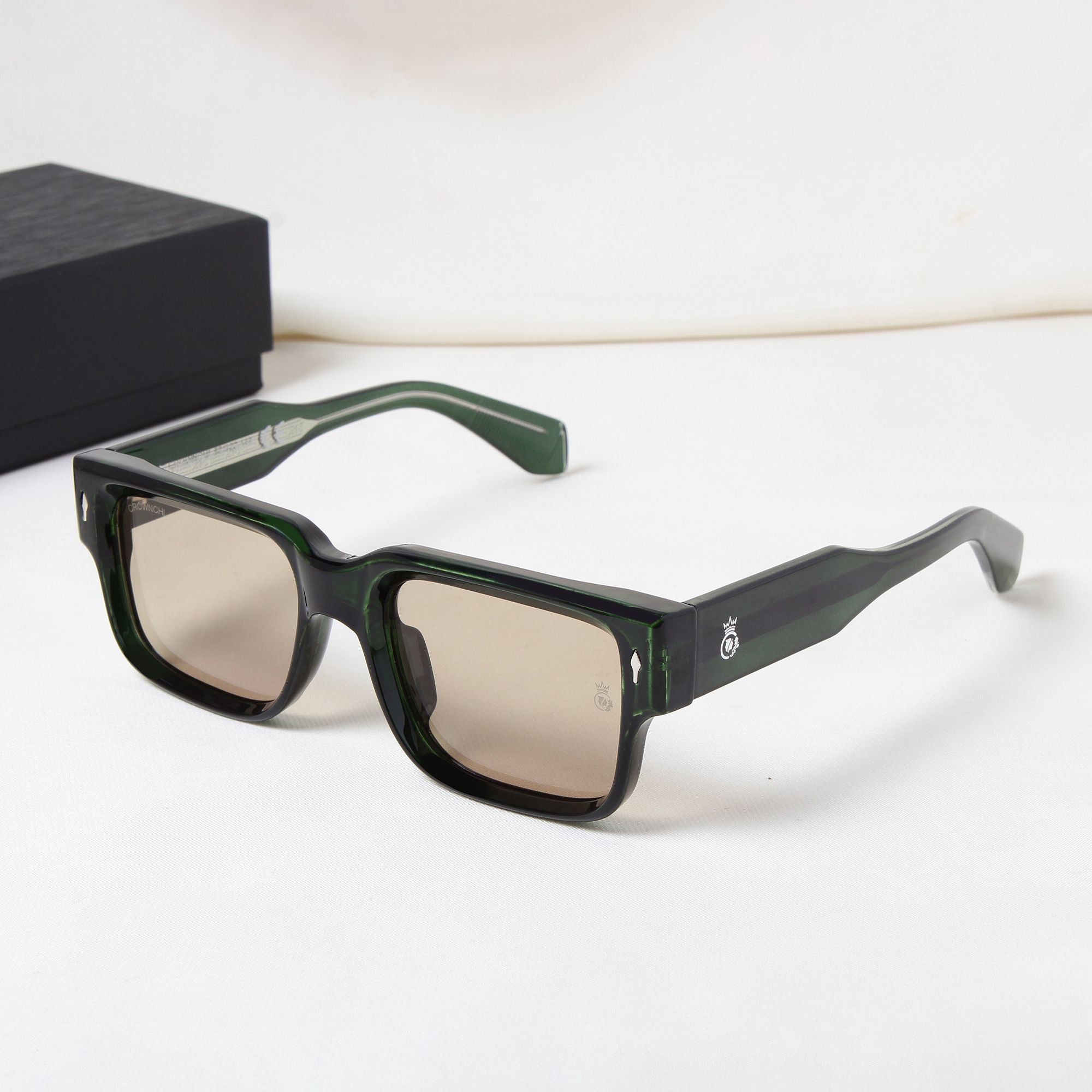 Crownchi Gentleman Green Yellow Square Sunglasses