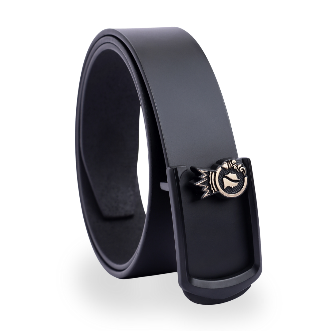 Oslo Black Buckle with 3D Crown Emblem – Real Leather Belt for Men