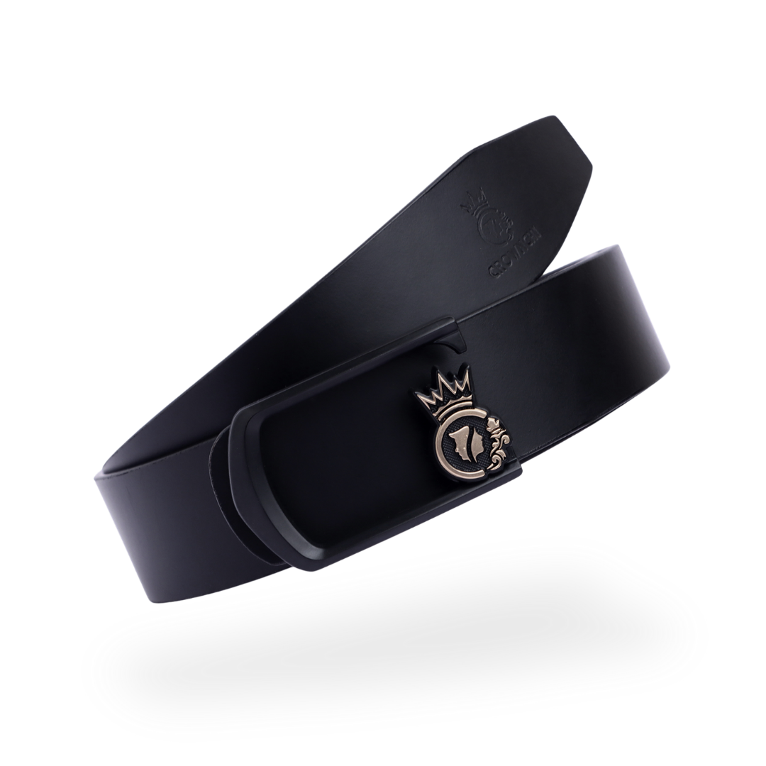Oslo Black Buckle with 3D Crown Emblem – Real Leather Belt for Men