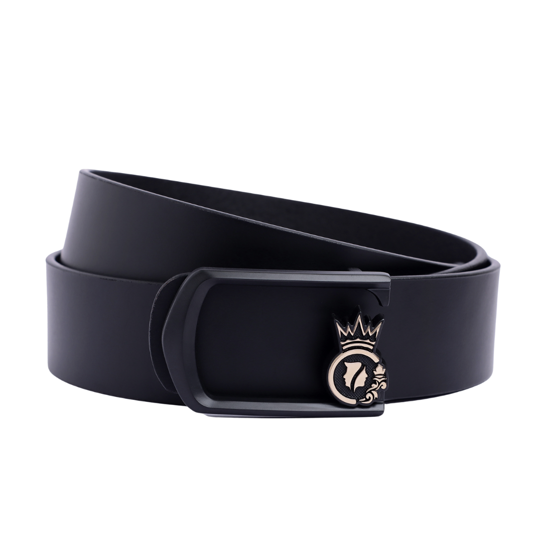 Oslo Black Buckle with 3D Crown Emblem – Real Leather Belt for Men