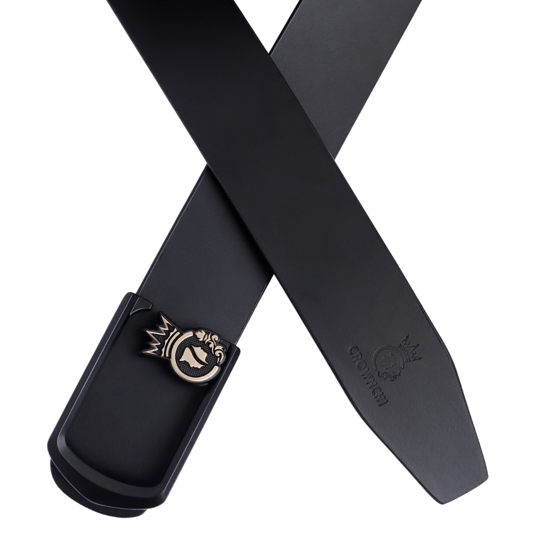 Oslo Black Buckle with 3D Crown Emblem – Real Leather Belt for Men