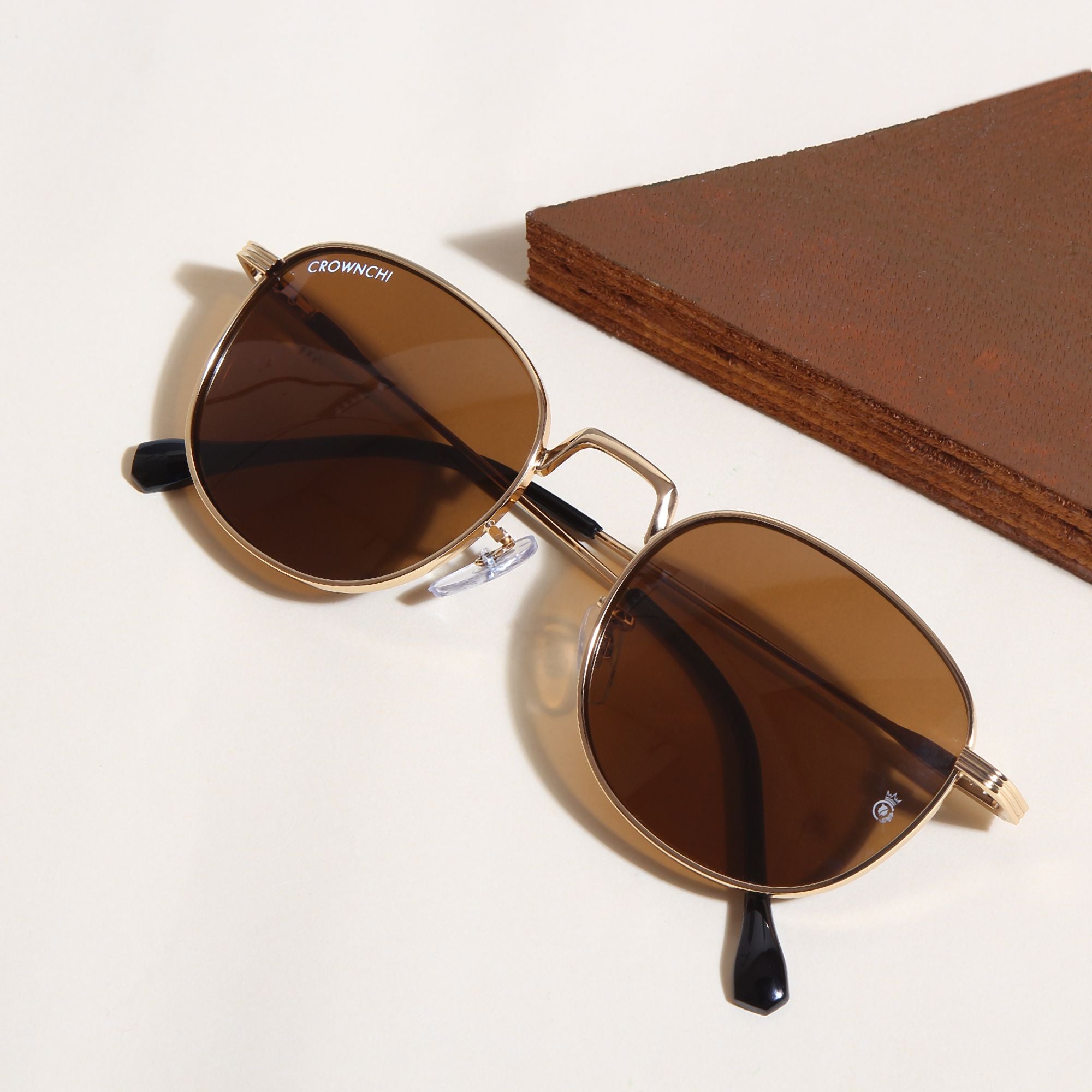 Crownchi Martin Gold Brown Round Edition Sunglasses