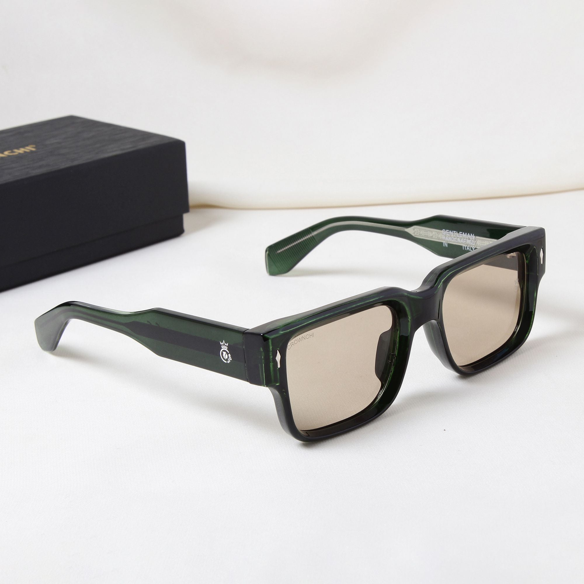 Crownchi Gentleman Green Yellow Square Sunglasses