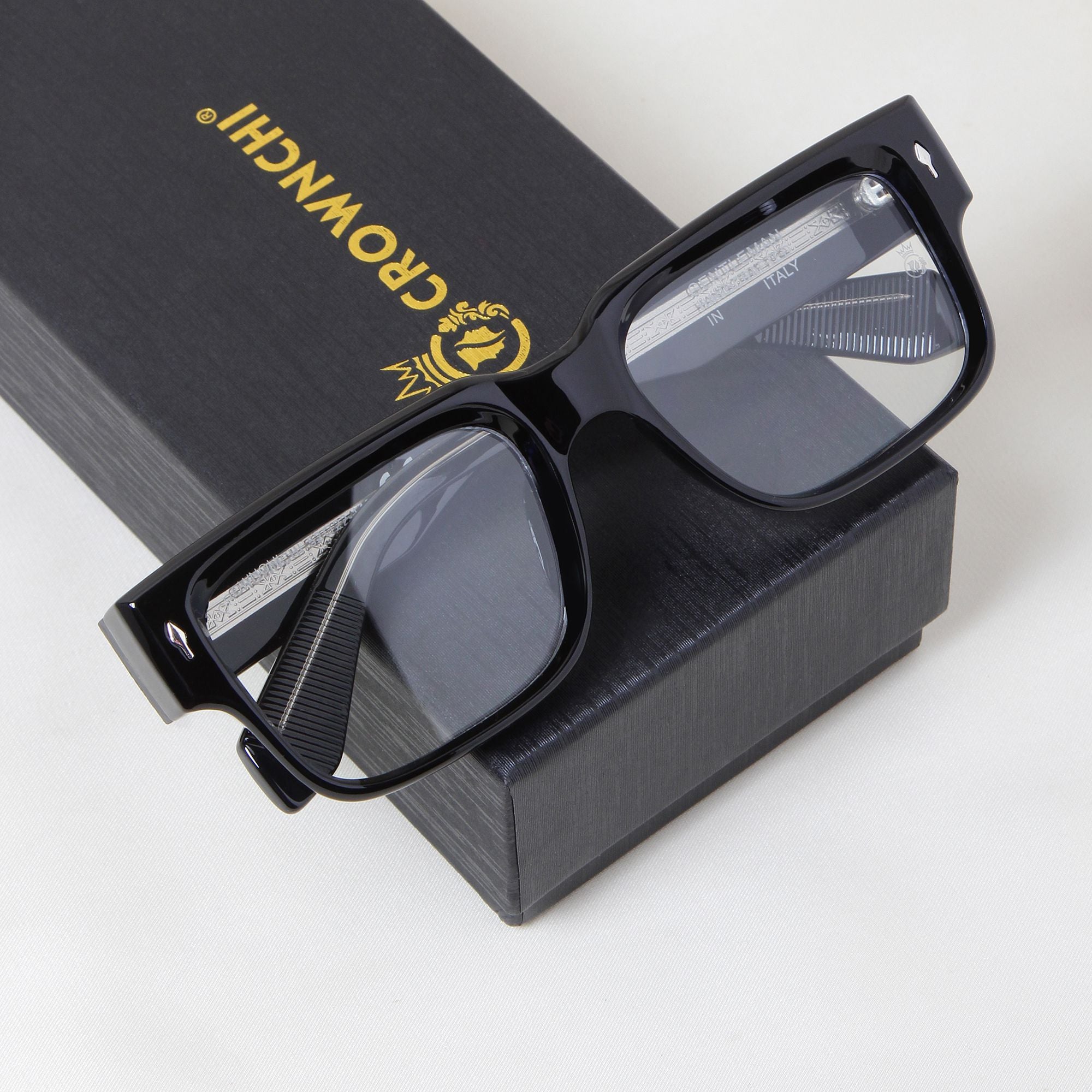 Crownchi Gentleman Black Clear Square Sunglasses