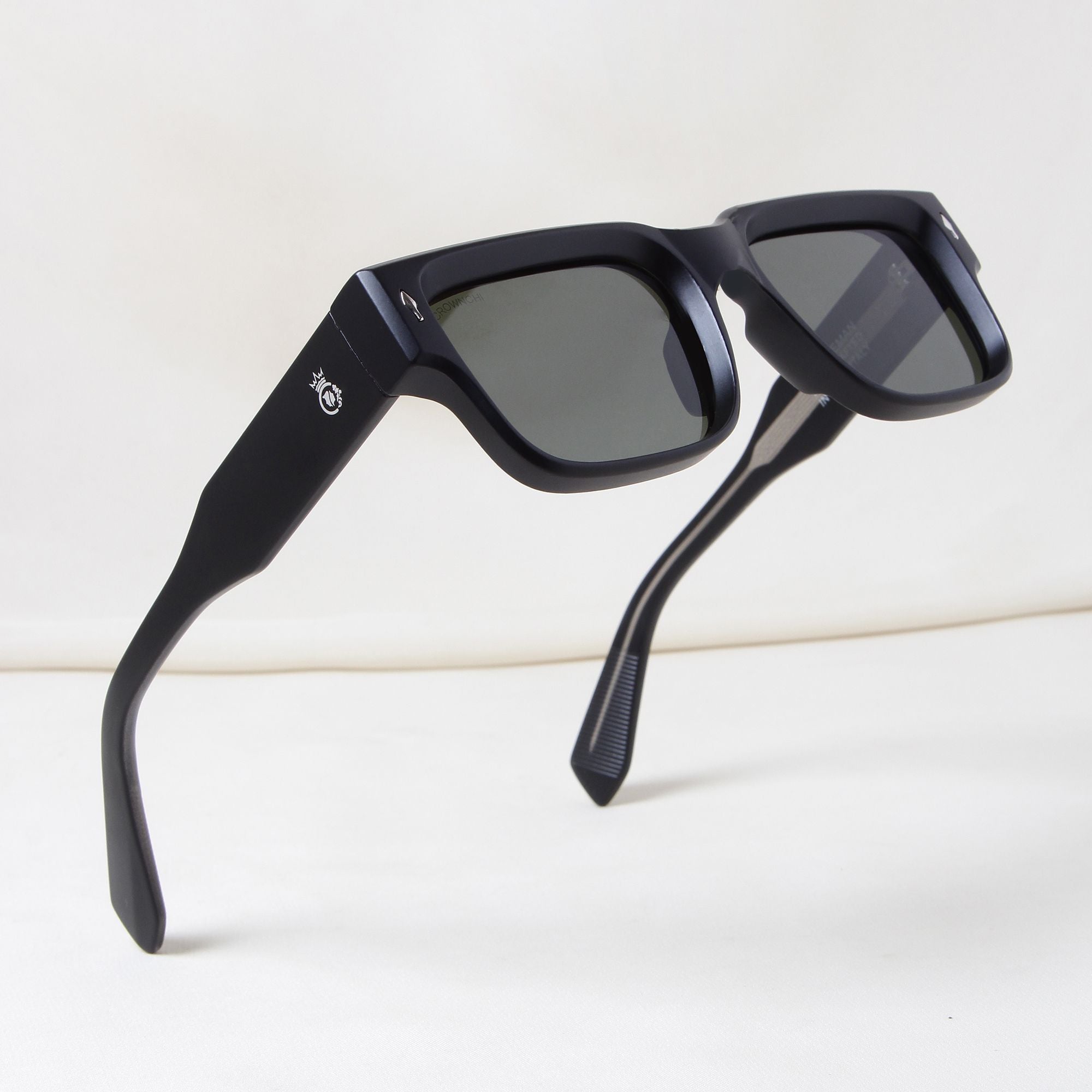 Crownchi Gentleman Black Green Square Sunglasses