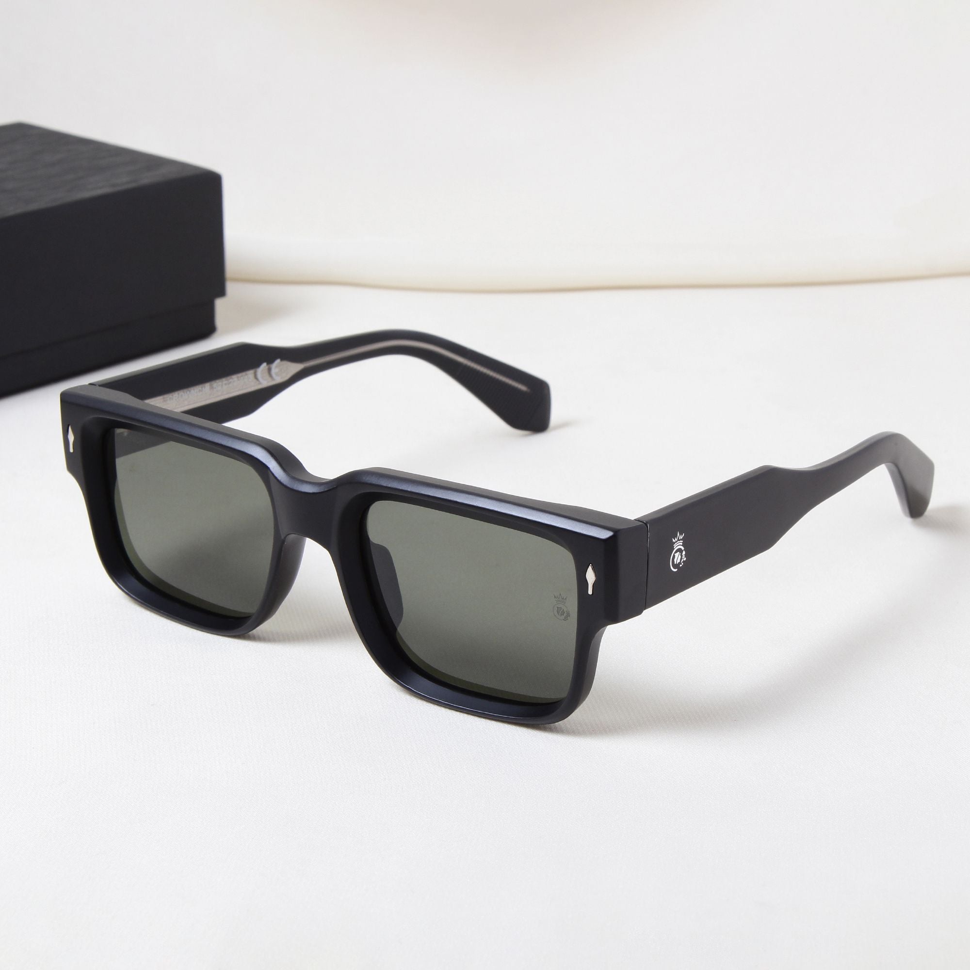 Crownchi Gentleman Black Green Square Sunglasses