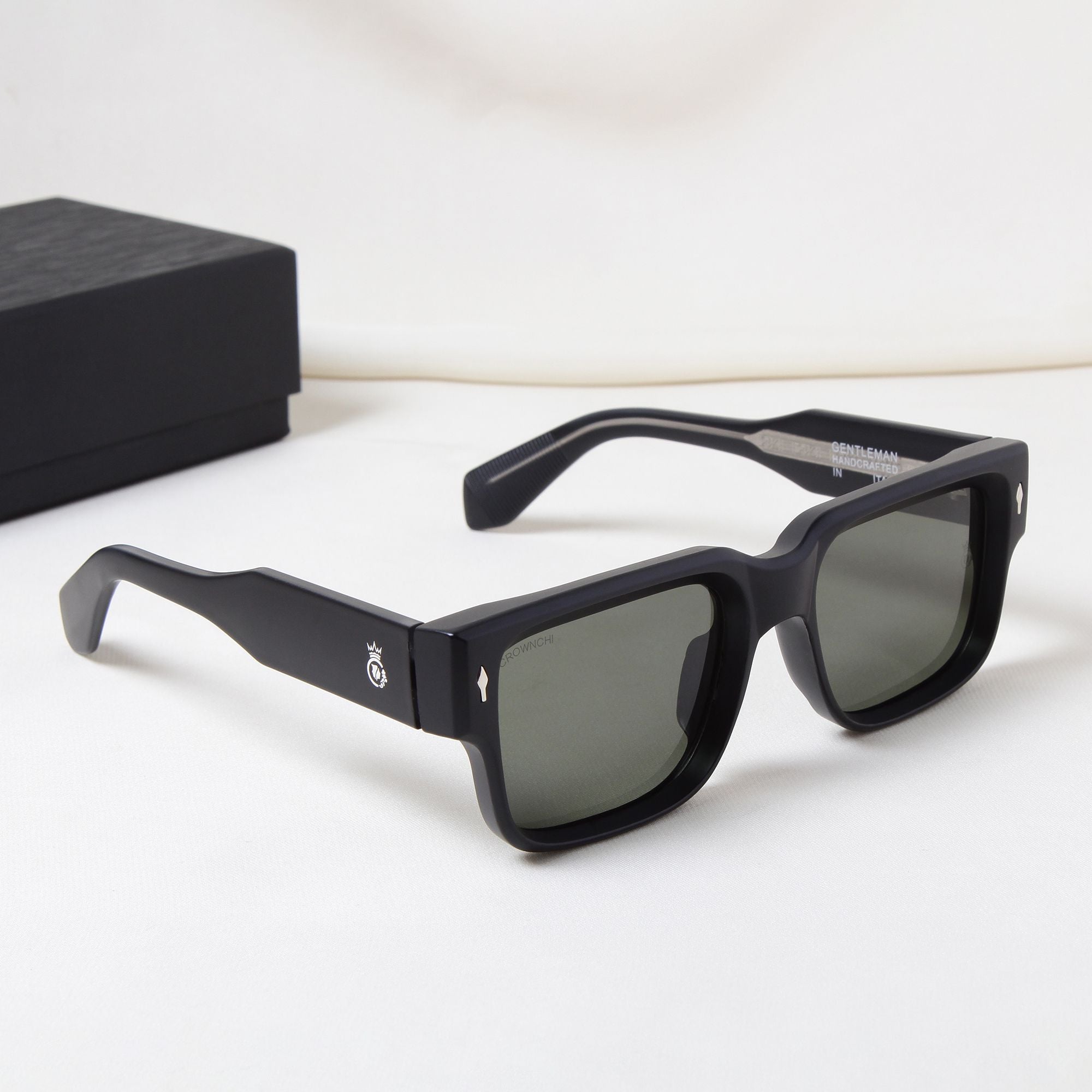 Crownchi Gentleman Black Green Square Sunglasses