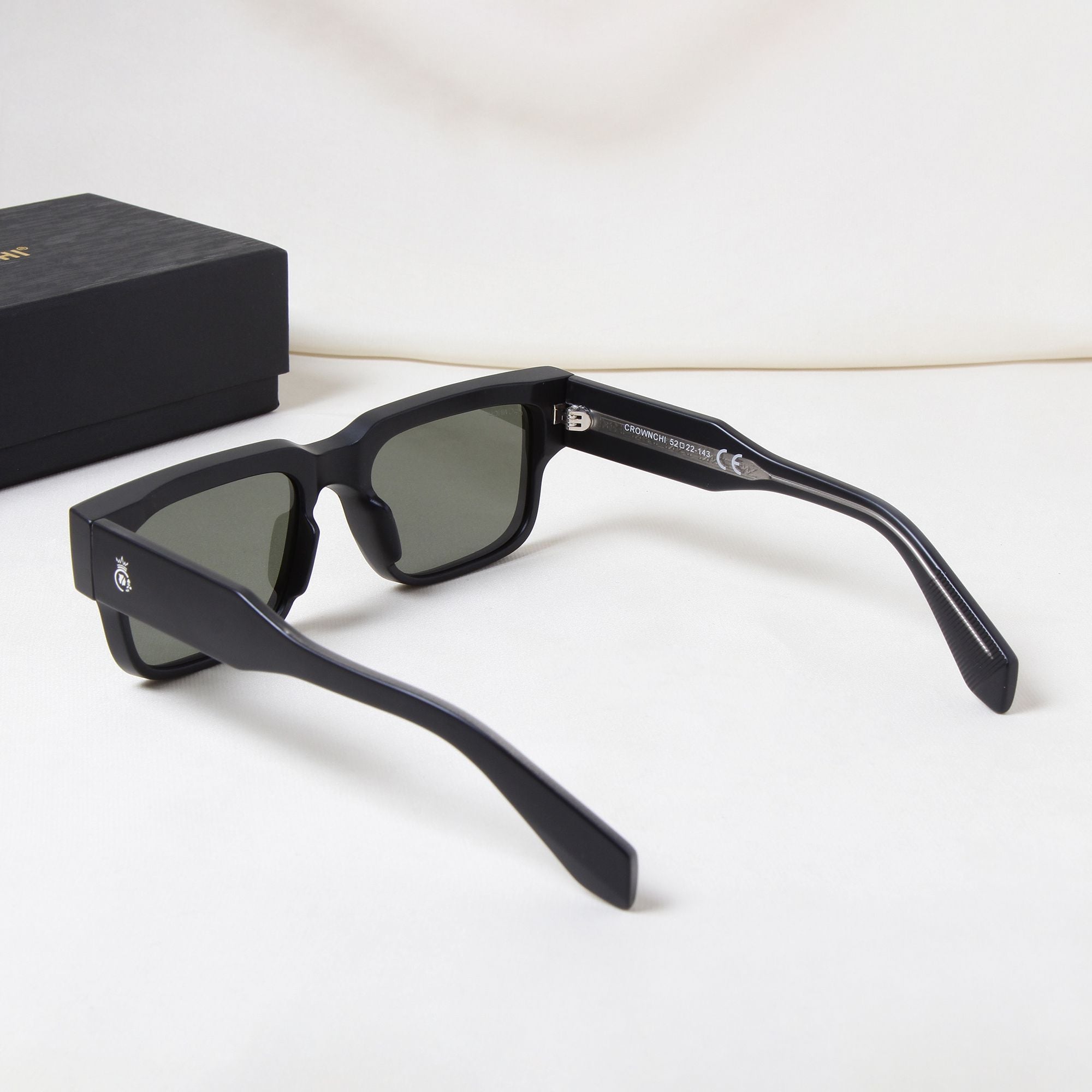 Crownchi Gentleman Black Green Square Sunglasses