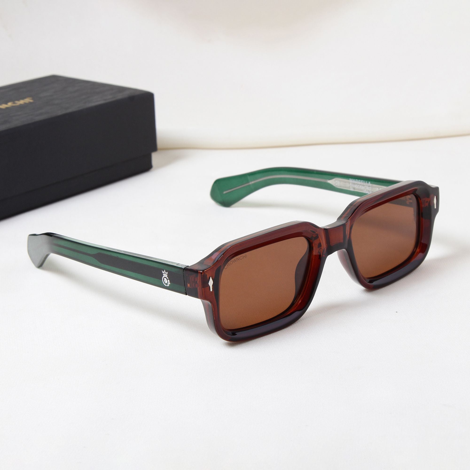 Crownchi Marsella Green Brown Square Sunglasses