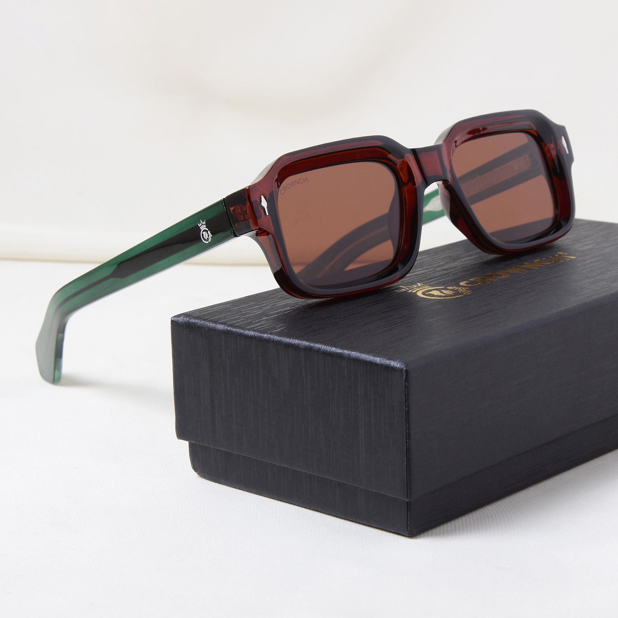 Crownchi Marsella Green Brown Square Sunglasses