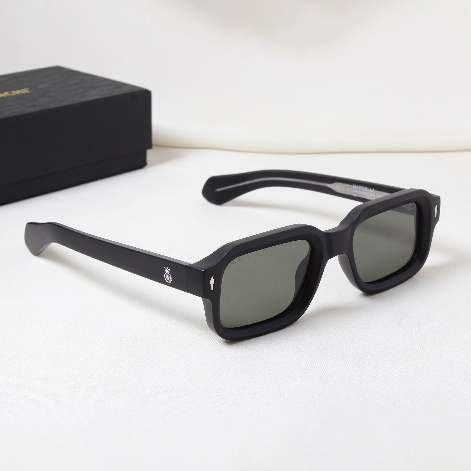 Crownchi Marsella Black Green Square Sunglasses