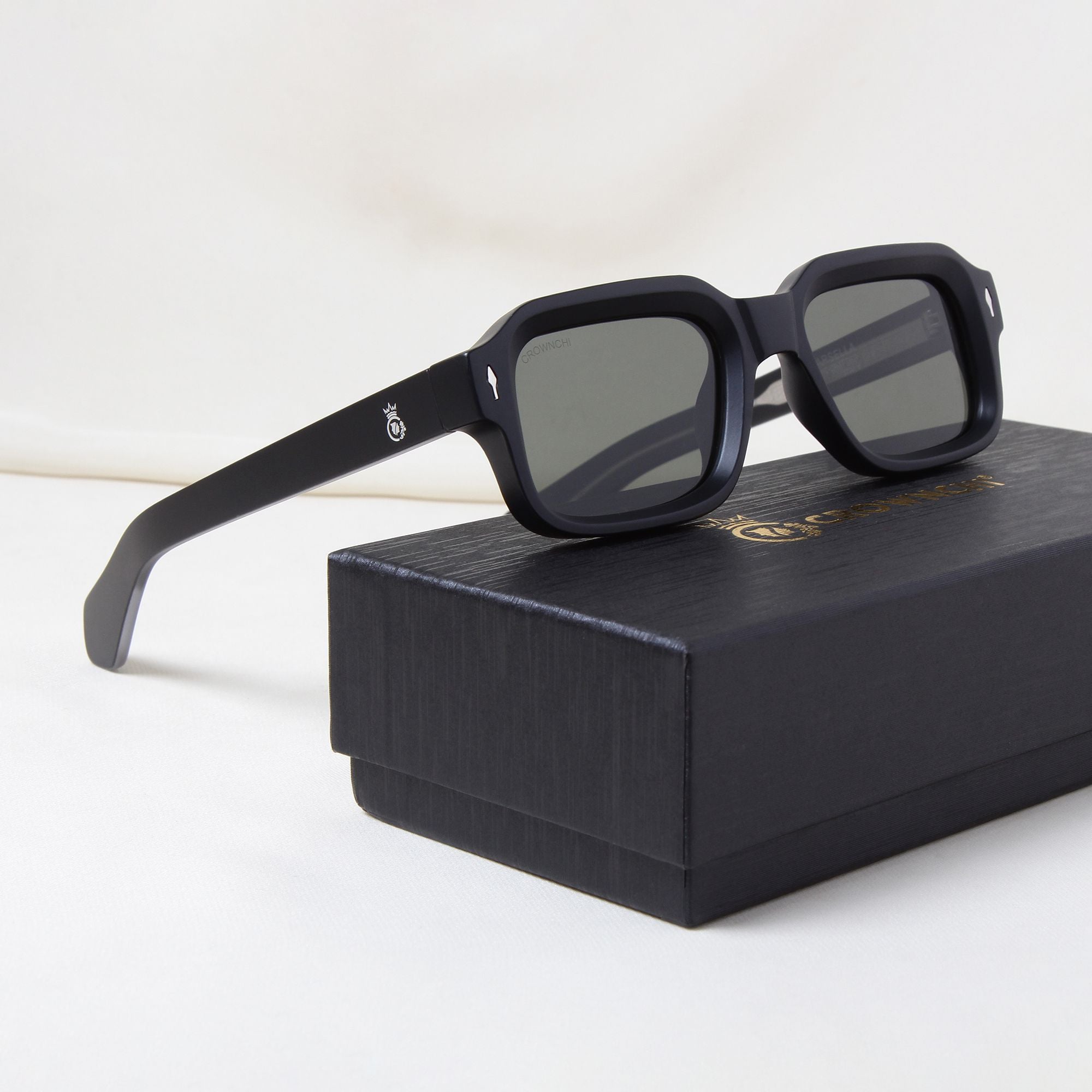 Crownchi Marsella Black Green Square Sunglasses